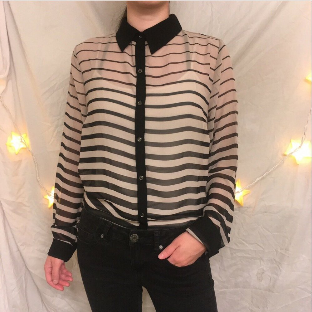 Forever 21 Black Grey Striped Sheer Blouse